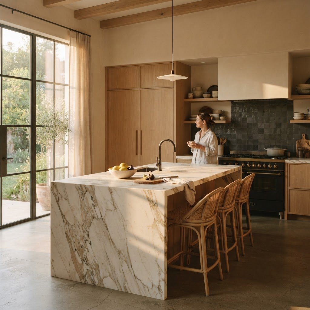 A pristine sunlit kitchen with a large marble island
