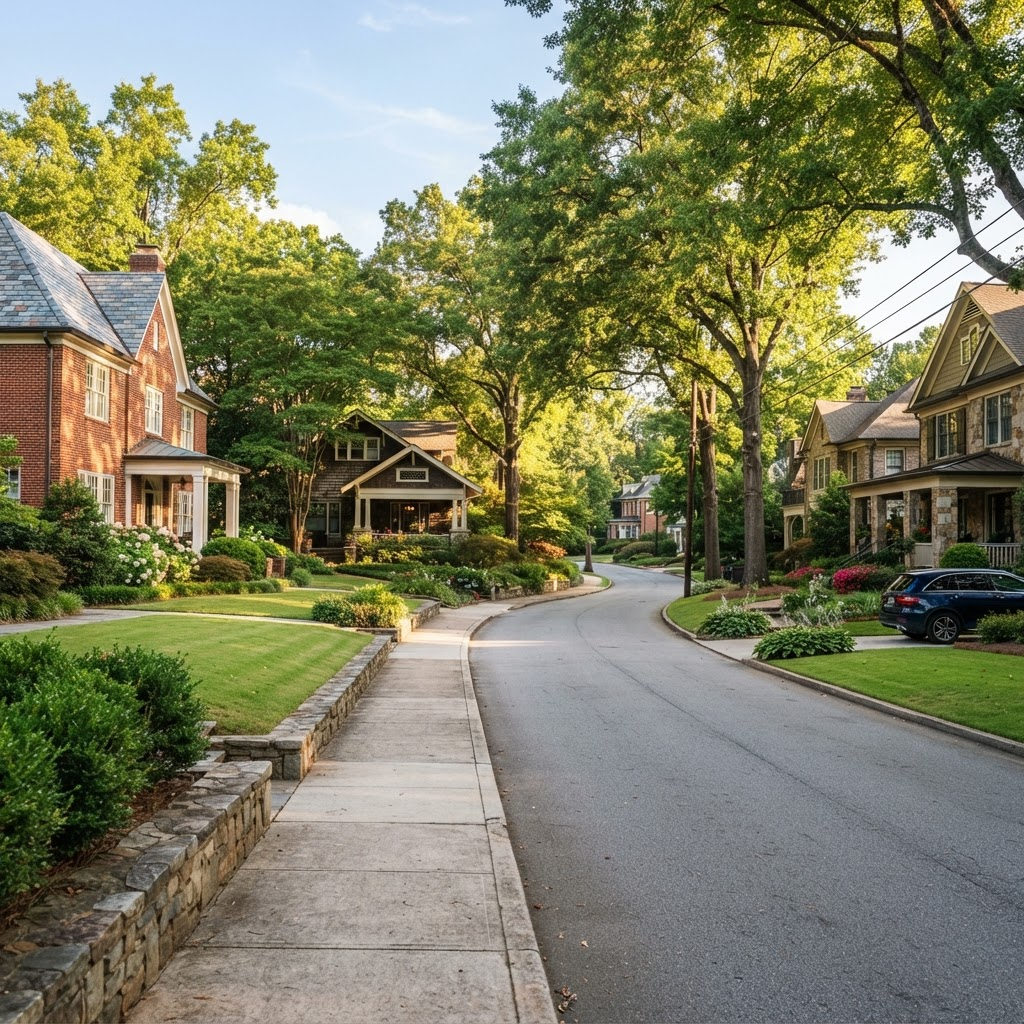 A charming tree-lined residential street of brick and craftsman homes in an upscale Atlanta neighborhood on a sunny day