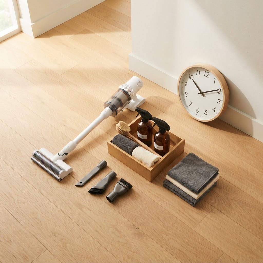 A tidy flat-lay of a HEPA vacuum, microfiber cloths, and cleaning supplies beside a wall clock in a bright home