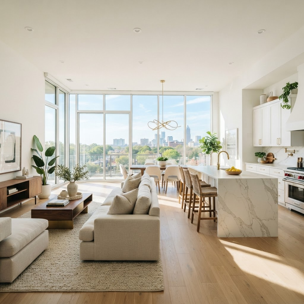 A bright, spotless modern Atlanta living room and open kitchen in warm natural sunlight