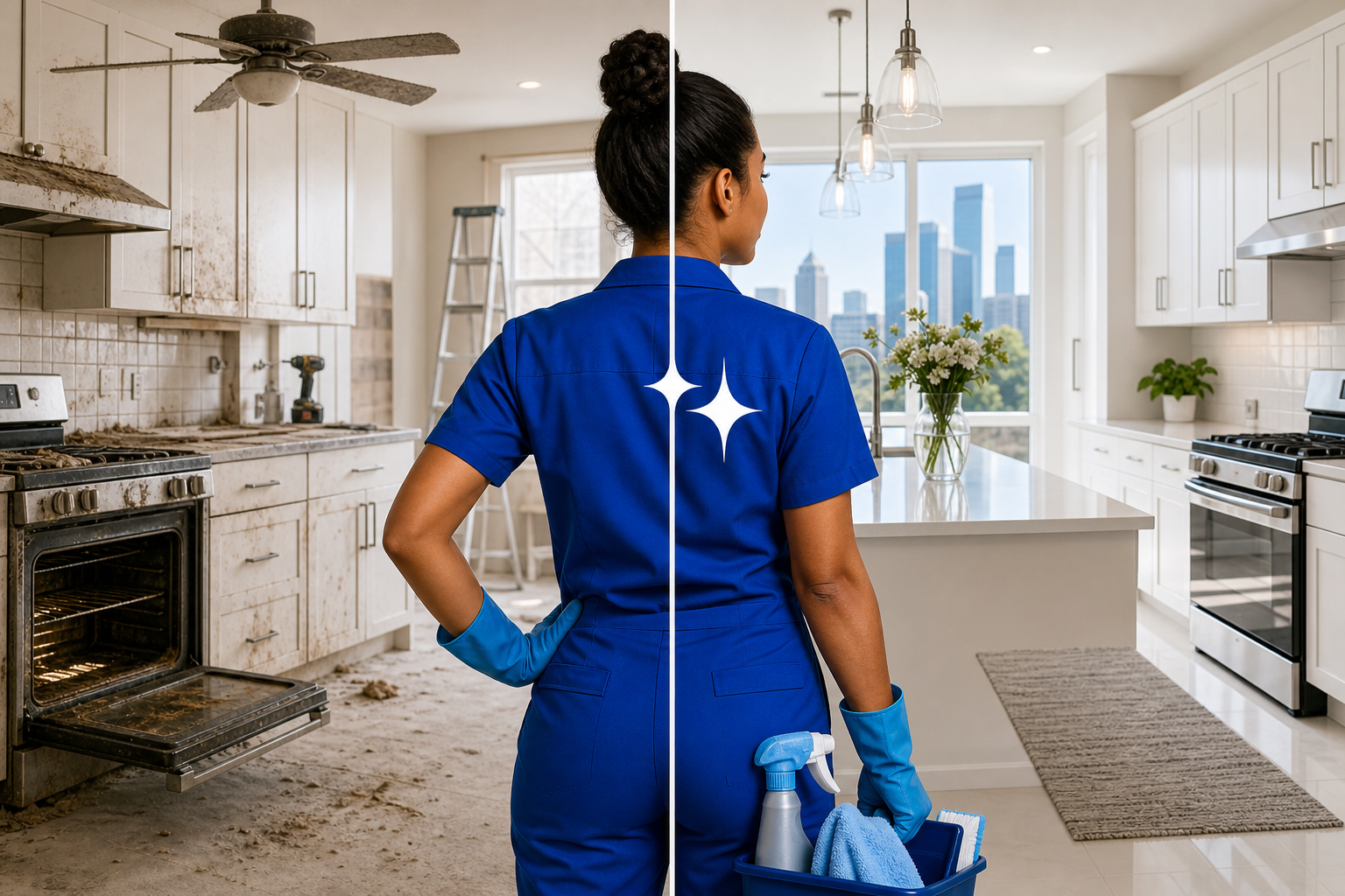 A professional cleaner scrubbing tile grout during a deep cleaning service visit in a bright home kitchen