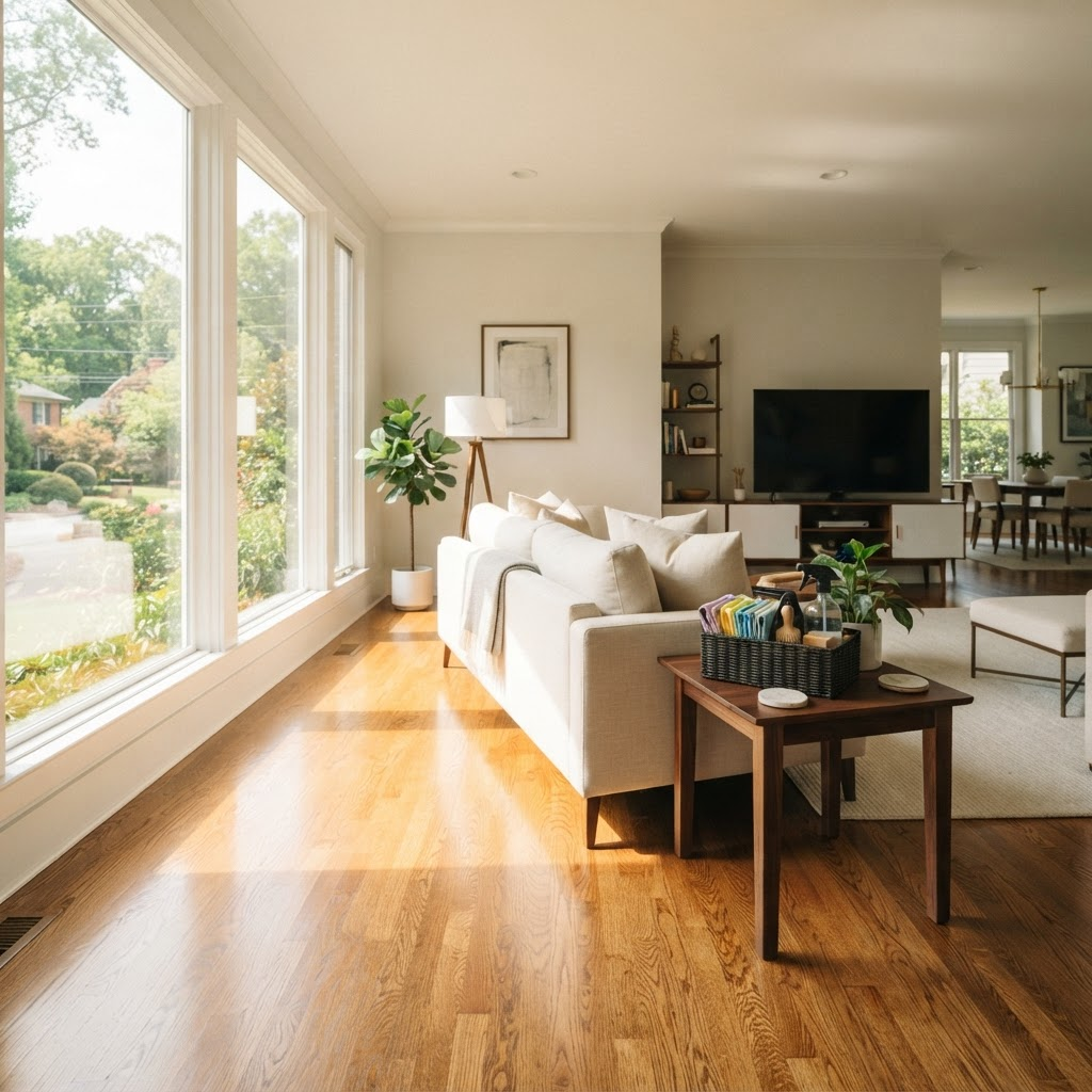 A spotless sunlit modern living room with gleaming hardwood floors and a cleaning caddy on a side table