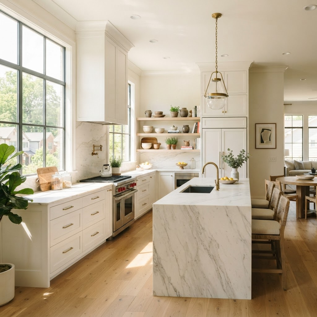 A bright, freshly cleaned modern Atlanta kitchen with white cabinetry and warm natural light