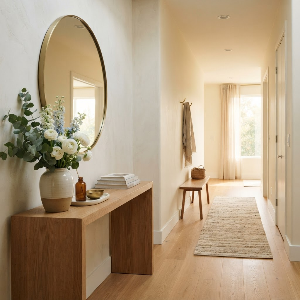 A calm, tidy modern home hallway bathed in warm morning light with clean floors and fresh flowers