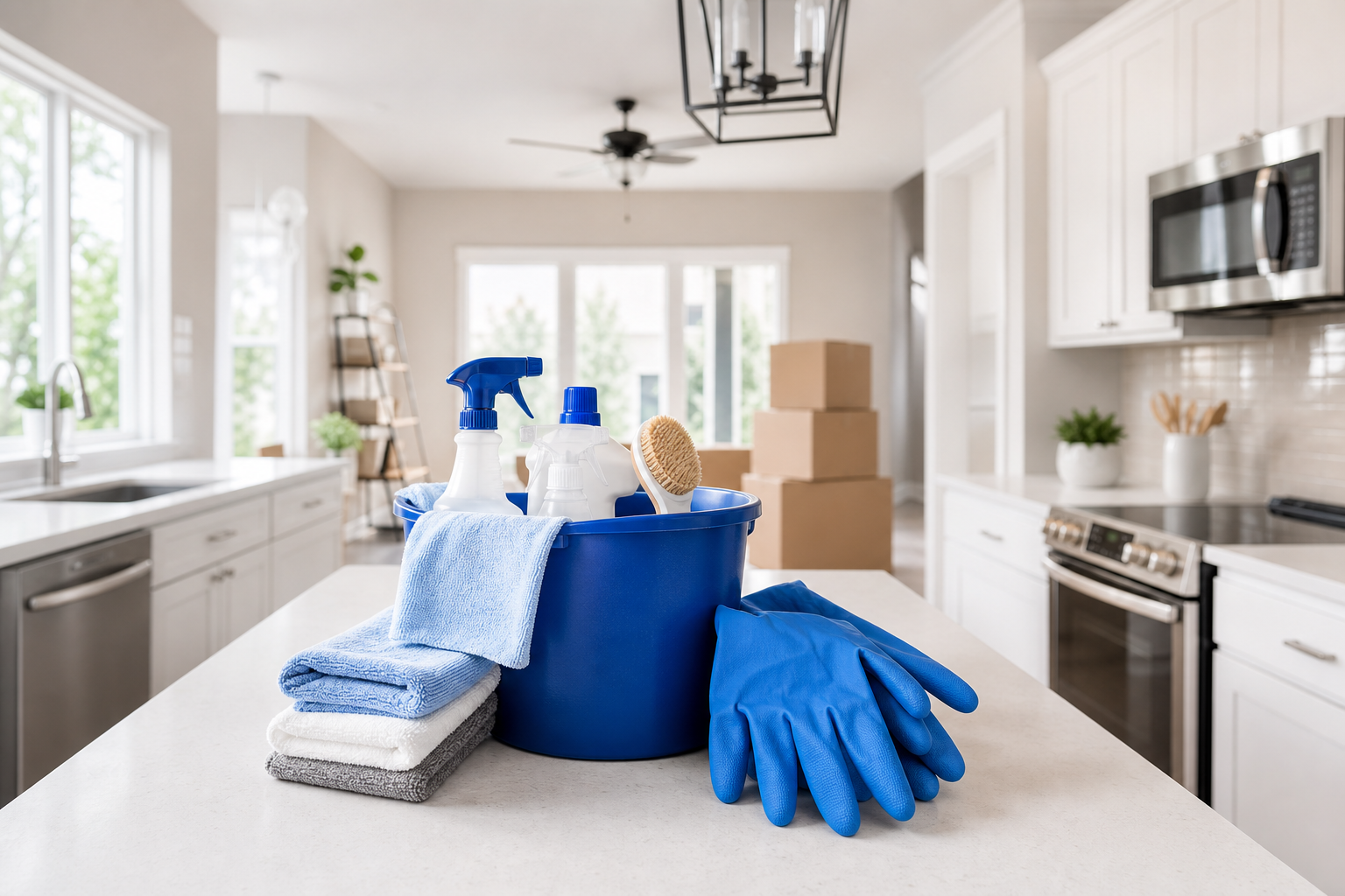 An empty, freshly cleaned kitchen with white countertops and spotless appliances ready for a new homeowner to move in