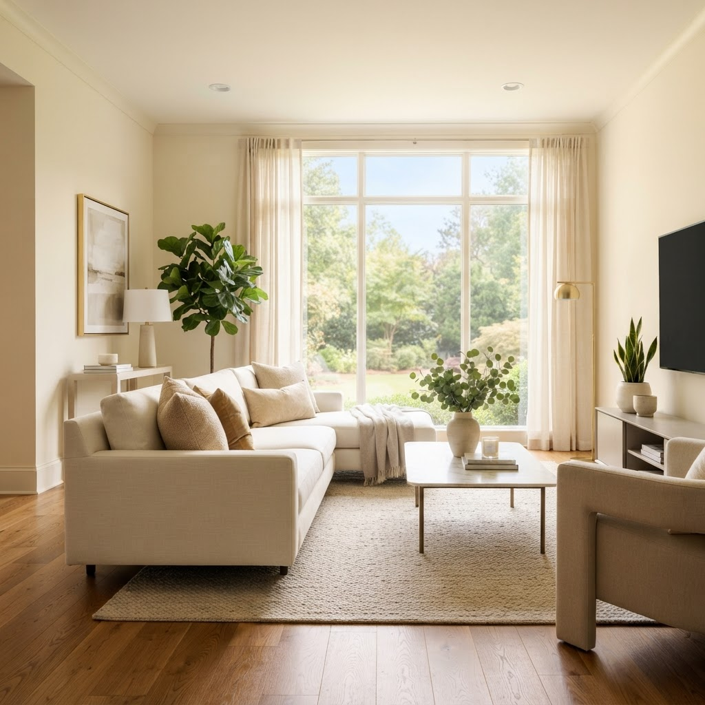 A bright, freshly cleaned modern living room in an upscale Atlanta home with warm natural light