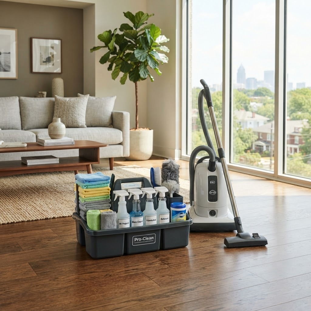 A professional cleaning caddy with microfiber cloths and a HEPA vacuum on a spotless hardwood floor in a bright living room