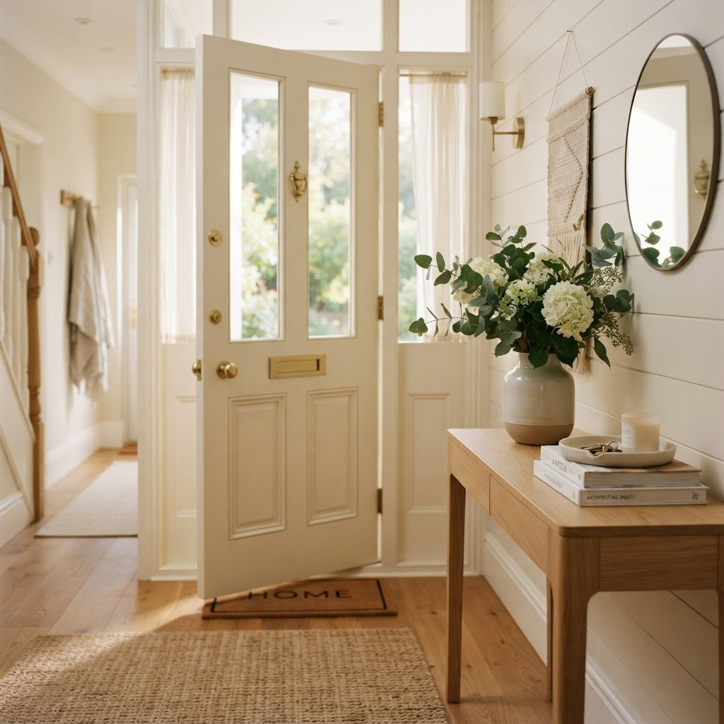 A pristine, welcoming home entryway with fresh flowers on a console table